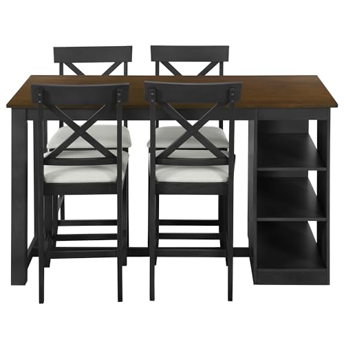 Harper & Bright Designs 5-Piece Farmhouse Counter Height Dining Table Set for 4,60" Lx30 W Solid Wood Kitchen Dining Table with 3-Tier Storage Shelves and Upholstered Cross Back Dining Chairs,Gray