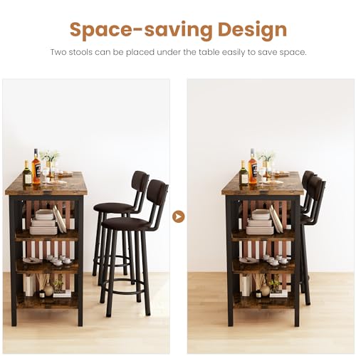 Recaceik Counter Height Dining Set - Bar Table and 2 Upholstered Stools with Storage Shelves, Kitchen Breakfast Nook Pub Set