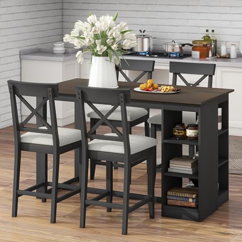 Harper & Bright Designs 5-Piece Farmhouse Counter Height Dining Table Set for 4,60" Lx30 W Solid Wood Kitchen Dining Table with 3-Tier Storage Shelves and Upholstered Cross Back Dining Chairs,Gray