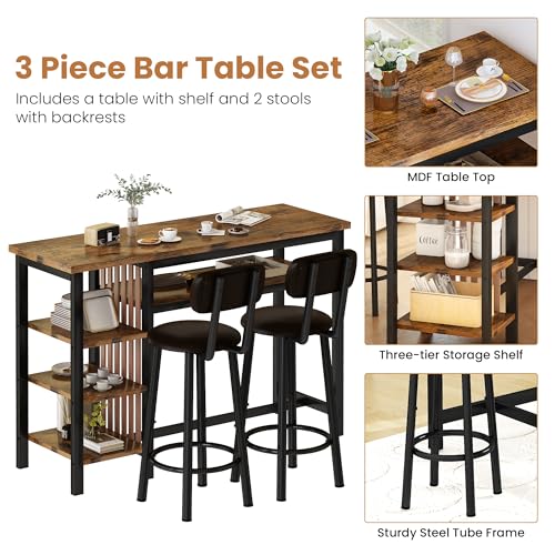 Recaceik Counter Height Dining Set - Bar Table and 2 Upholstered Stools with Storage Shelves, Kitchen Breakfast Nook Pub Set