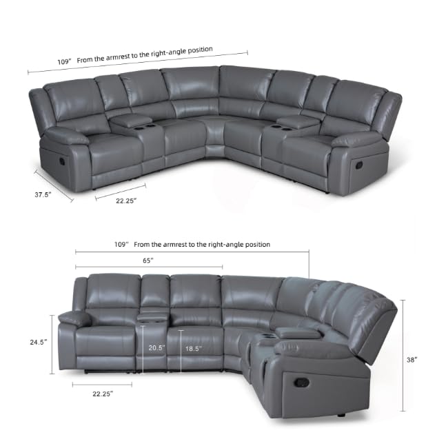 Modular Recliner Sectional Sofa in Grey PU Leather