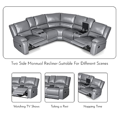 Modular Recliner Sectional Sofa in Grey PU Leather