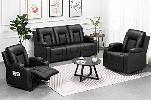 COMHOMA Black Bonded Leather Recliner Living Room Set