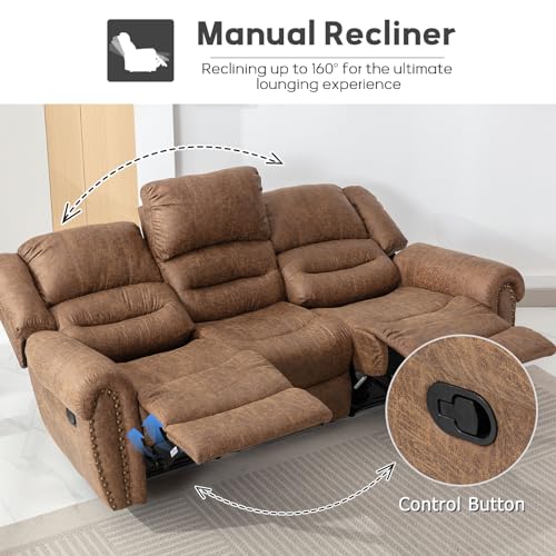 EBELLO Faux Leather 3 Seat Reclining Sofa, Brown