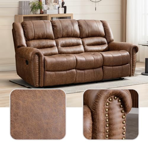EBELLO Faux Leather 3 Seat Reclining Sofa, Brown