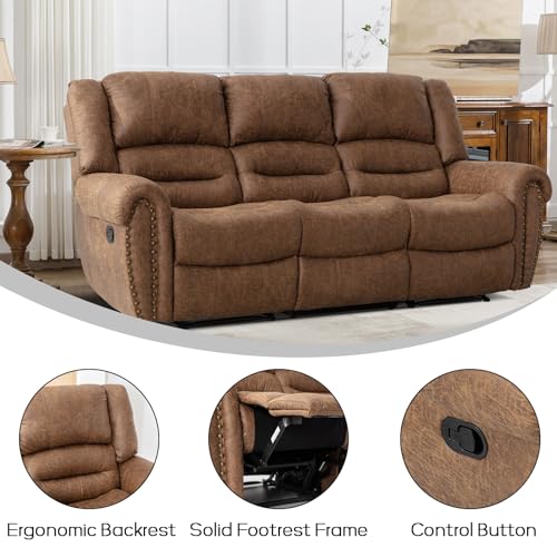 EBELLO Faux Leather 3 Seat Reclining Sofa, Brown