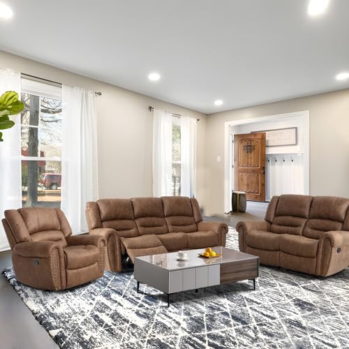 EBELLO Faux Leather 3 Seat Reclining Sofa, Brown