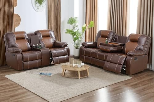 Modern Brown Leather Recliner Sofa Set with Loveseat