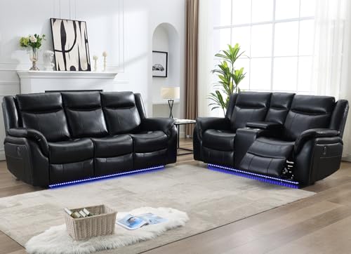 Black Faux Leather Power Recliner Set with Wireless Charger