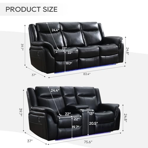 Black Faux Leather Power Recliner Set with Wireless Charger