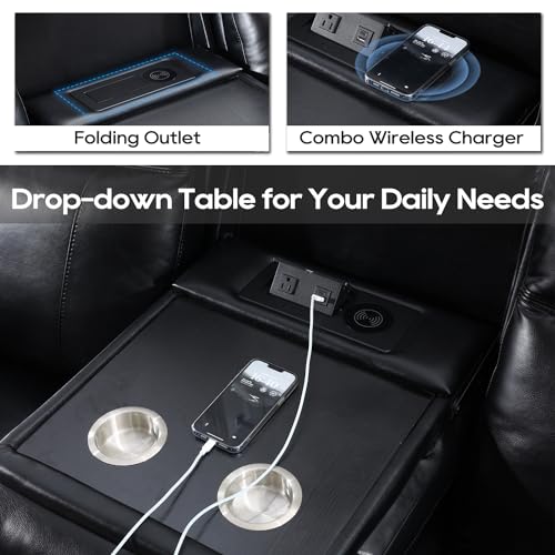 Black Faux Leather Power Recliner Set with Wireless Charger
