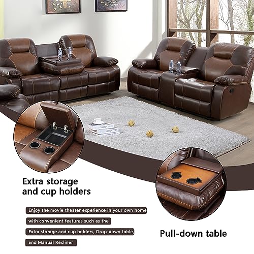 Modern Brown Leather Recliner Sofa Set with Loveseat