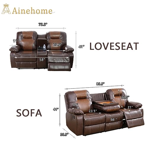 Modern Brown Leather Recliner Sofa Set with Loveseat