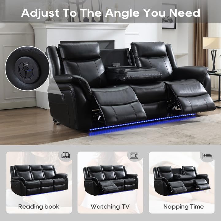 Black Faux Leather Power Recliner Set with Wireless Charger