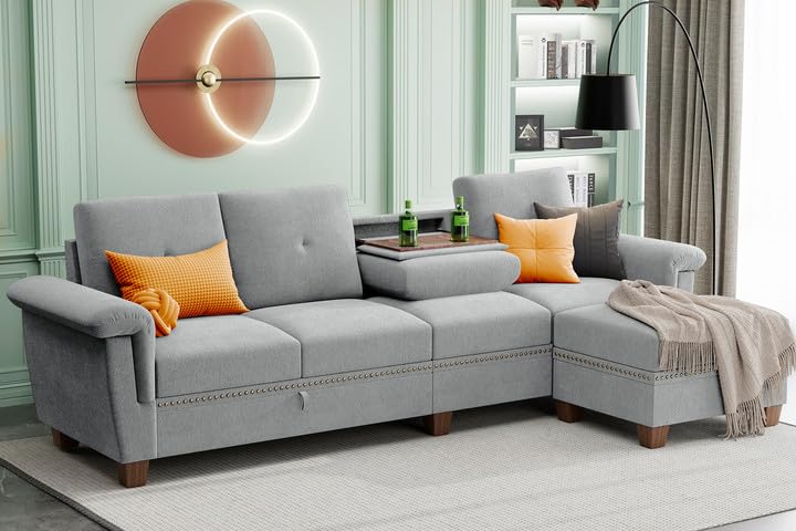 JAMFLY L Shaped Sectional Sofa with Storage and Cup Holders