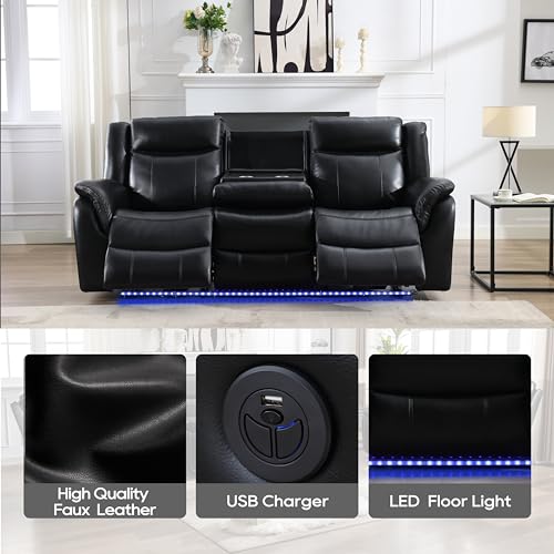 Black Faux Leather Power Recliner Set with Wireless Charger