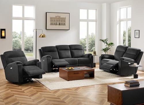 Dark Grey Electric Recliner Sofa Couch Set with 3 Pieces