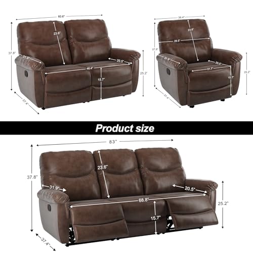 Brown 3-Piece Faux Leather Recliner Sofa Set
