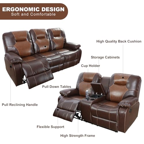 Modern Brown Leather Recliner Sofa Set with Loveseat