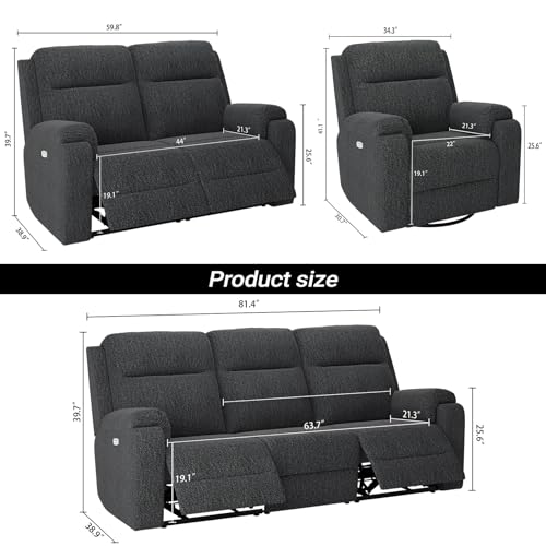 Dark Grey Electric Recliner Sofa Couch Set with 3 Pieces