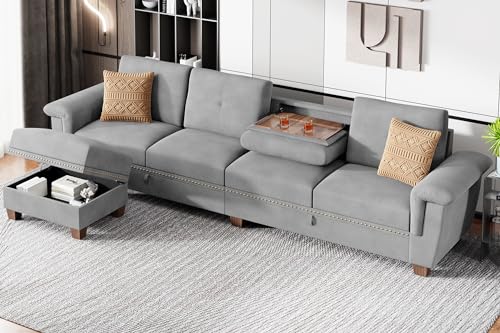 JAMFLY L Shaped Sectional Sofa with Storage and Cup Holders