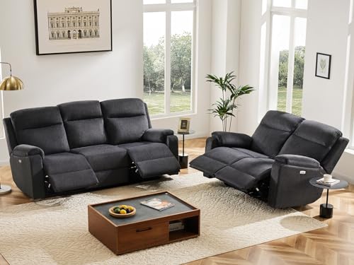 Dark Grey Electric Recliner Sofa Couch Set with 3 Pieces