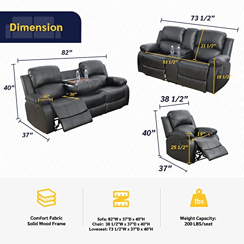 Beverly Fine Furniture Phoenix 3-Piece Recliner Set, Black