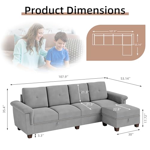 JAMFLY L Shaped Sectional Sofa with Storage and Cup Holders