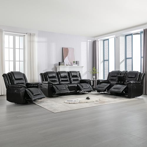Black Leather Recliner Sofa Set with Cupholders & Storage