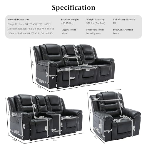 Black Leather Recliner Sofa Set with Cupholders & Storage