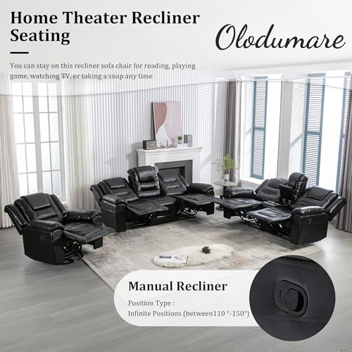 Black Leather Recliner Sofa Set with Cupholders & Storage