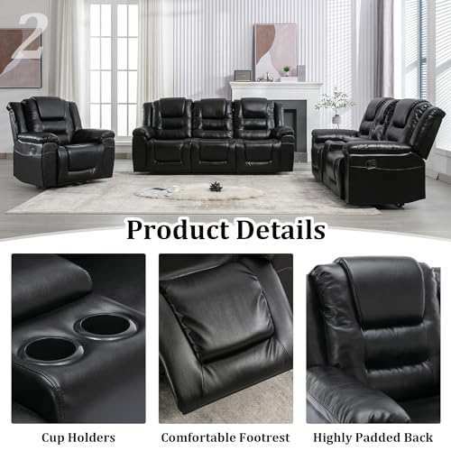 Black Leather Recliner Sofa Set with Cupholders & Storage