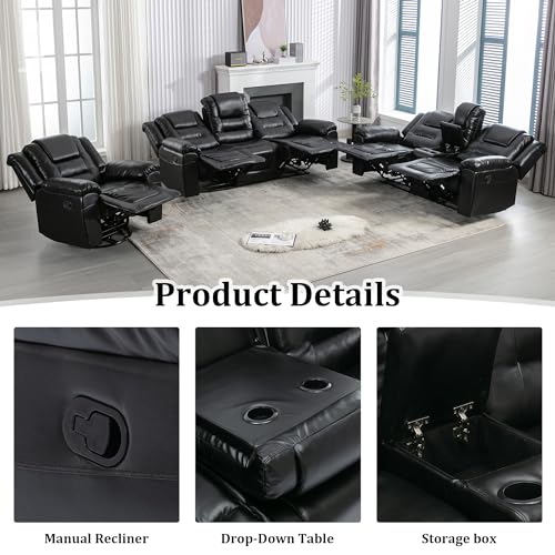 Black Leather Recliner Sofa Set with Cupholders & Storage