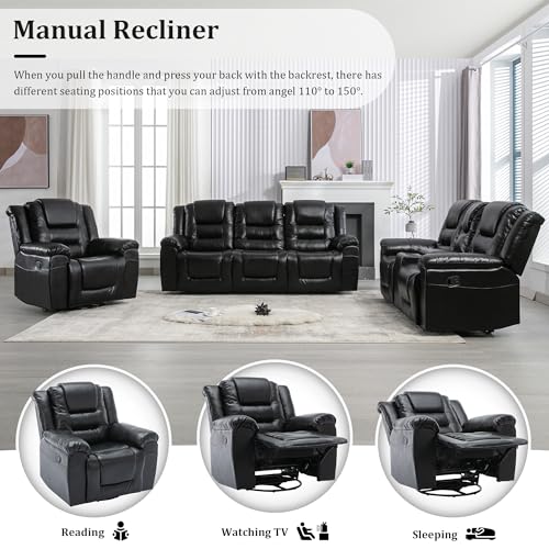 Black Leather Recliner Sofa Set with Cupholders & Storage