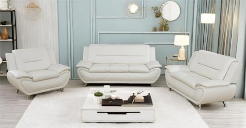 Creamy White Leather Sectional Sofa Set for Living Room