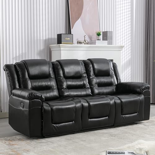 Black Leather Recliner Sofa Set with Cupholders & Storage