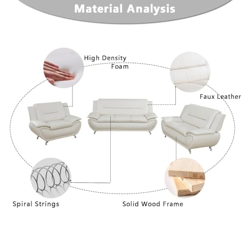 Creamy White Leather Sectional Sofa Set for Living Room