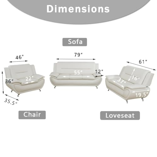 Creamy White Leather Sectional Sofa Set for Living Room