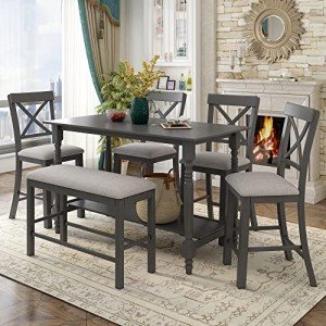 6-Piece Gray Dining Set with Table, Chairs, Bench