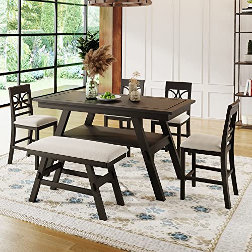 Linique 6-Piece Wood Counter Height Dining Table Set with Storage Bottom Shelf,Rustic Style Kitchen Table Set of 6 with Upholstered Bench and 4 Chairs,Espresso+Beige Cushion