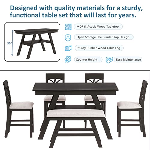 Linique 6-Piece Wood Counter Height Dining Table Set with Storage Bottom Shelf,Rustic Style Kitchen Table Set of 6 with Upholstered Bench and 4 Chairs,Espresso+Beige Cushion