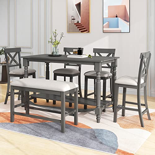 LUMISOL Farmhouse Rustic Kitchen Dining Table Set of 6 with Bench and Chairs Counter Height Dining Room Table Set with Recantgle Table with Storage Shelf and Upholstered Seating