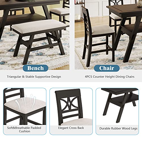 Linique 6-Piece Wood Counter Height Dining Table Set with Storage Bottom Shelf,Rustic Style Kitchen Table Set of 6 with Upholstered Bench and 4 Chairs,Espresso+Beige Cushion