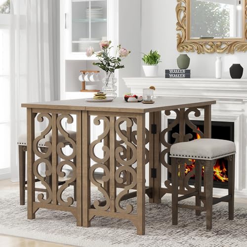 Miscoos Extendable Dining 3-Piece Retro Solid Wood Counter Height Pub Set with Foldable Table and 2 Saddle Stools Brown for Kitchen and Small Spaces,Distressed