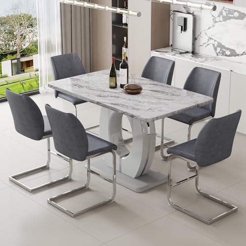 LUFTUT 7 Piece Modern Dining Table Set for 6,Counter Height Dining Table Set,63" Faux Marble Room Table with 6 Grey Leather Barstools,Bar Height Table and Chairs Ideal for Pub Kitchen