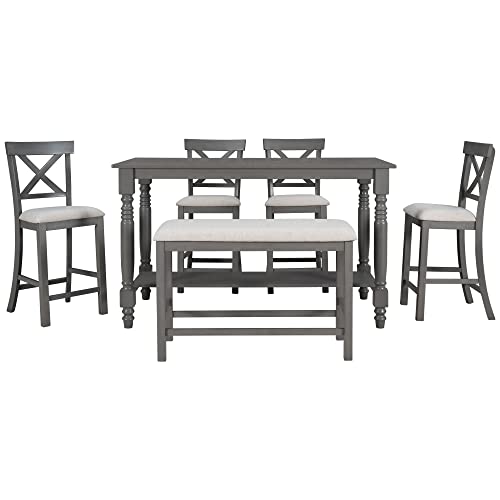 LUMISOL Farmhouse Rustic Kitchen Dining Table Set of 6 with Bench and Chairs Counter Height Dining Room Table Set with Recantgle Table with Storage Shelf and Upholstered Seating