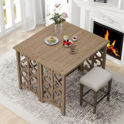 Miscoos Extendable Dining 3-Piece Retro Solid Wood Counter Height Pub Set with Foldable Table and 2 Saddle Stools Brown for Kitchen and Small Spaces,Distressed