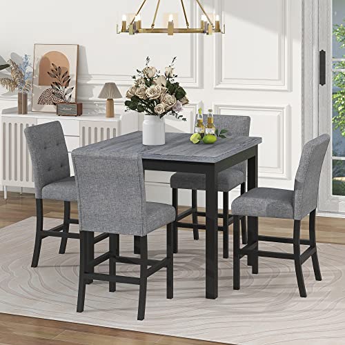 DINTABBLE 5-Piece Counter Height Dining Set-Square Wood Table and 4 Upholstered High-Back Chairs with Footrest for Kitchen Furniture-Classic Black Finish