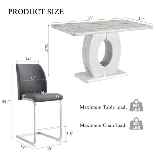 LUFTUT 7 Piece Modern Dining Table Set for 6,Counter Height Dining Table Set,63" Faux Marble Room Table with 6 Grey Leather Barstools,Bar Height Table and Chairs Ideal for Pub Kitchen