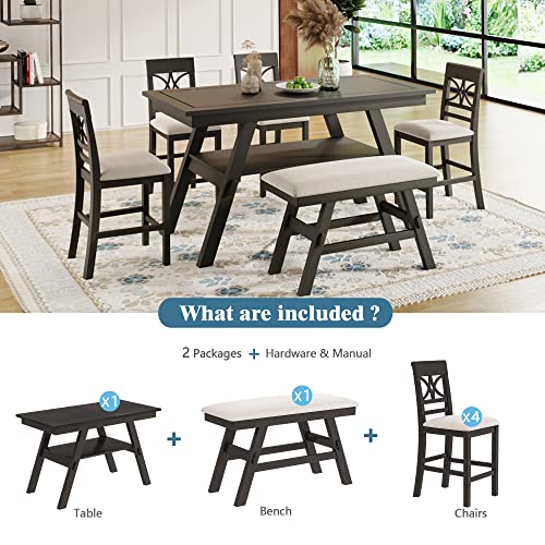 Linique 6-Piece Wood Counter Height Dining Table Set with Storage Bottom Shelf,Rustic Style Kitchen Table Set of 6 with Upholstered Bench and 4 Chairs,Espresso+Beige Cushion
